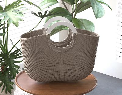 Chic Wicker Tote Bag With Circular Handle Placed On Wooden Table Near Plants 3d model