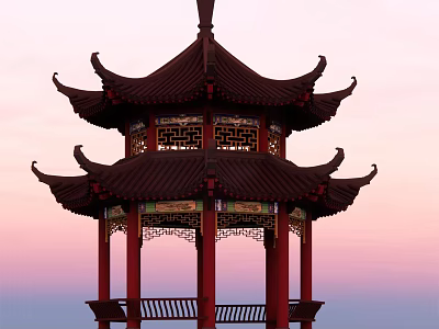 Garden Landscape with Traditional Chinese Pavilion Multi tiered Roof Red Pillars Intricate Carvings Pastel Sky 3d model