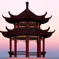Garden Landscape with Traditional Chinese Pavilion Multi tiered Roof Red Pillars Intricate Carvings Pastel Sky