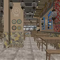 Traditional Restaurant Interior With Colorful Lanterns Tapestry Wooden Tables Decorative Plates And Stone Accents