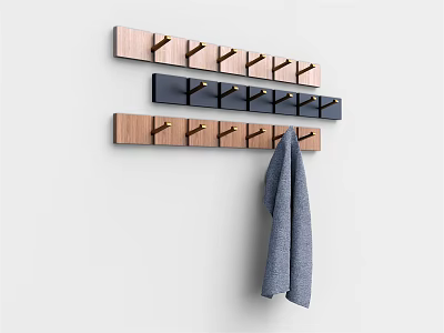 Wall Mounted Wooden And Black Hook Racks With Multiple Hooks Hanging Towel 3d model