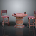 Cozy Interior Barrel-Shaped Round Table With Two Wooden Padded Chairs And Wine Bottle