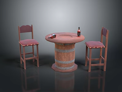 Cozy Interior Barrel-Shaped Round Table With Two Wooden Padded Chairs And Wine Bottle 3d model