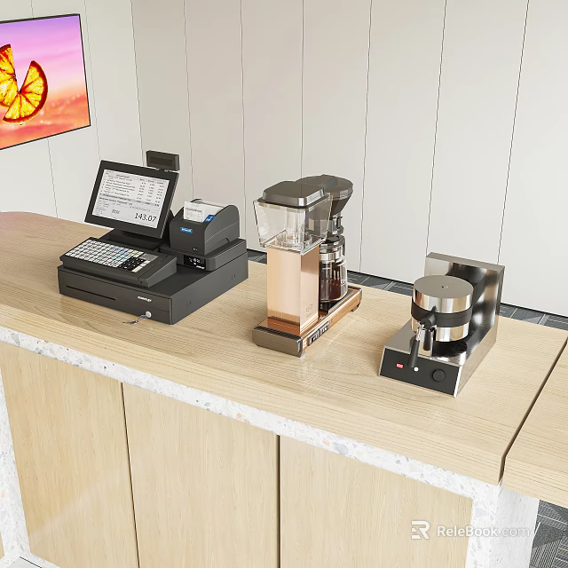 Commercial Kitchen Equipment With Cash Register Coffee Maker And Espresso Machine 3d model 