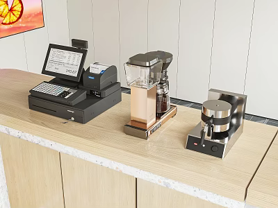 Commercial Kitchen Equipment With Cash Register Coffee Maker And Espresso Machine 3d model