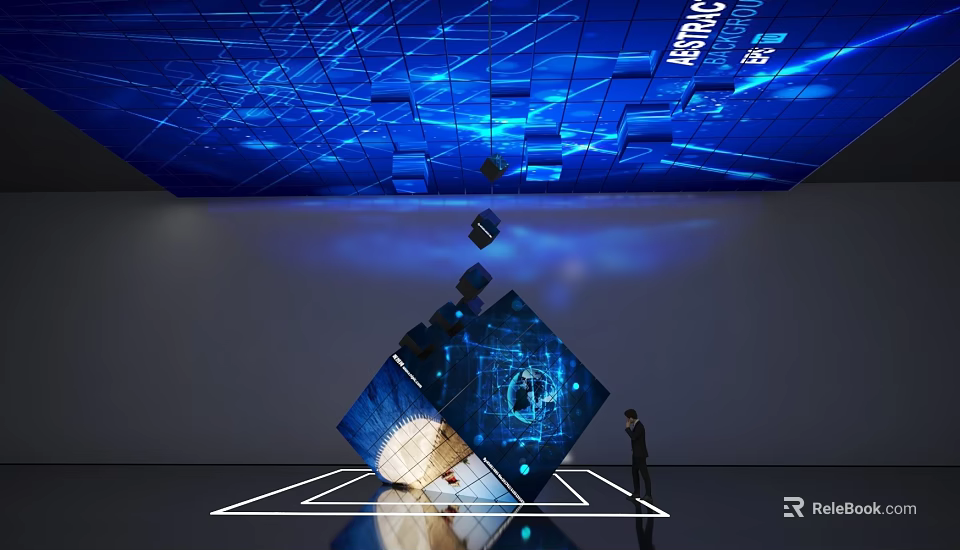 Astronomic Themed 3D Interactive Installation With Blue Grid Ceiling And Cubes 3d model 