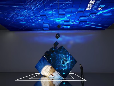 Astronomic Themed 3D Interactive Installation With Blue Grid Ceiling And Cubes 3d model