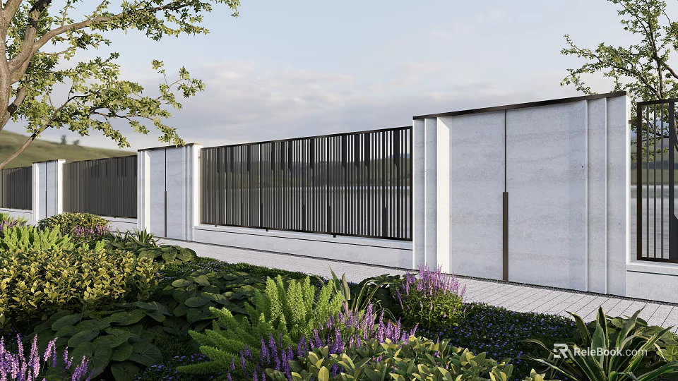 Modern Garden Feature Wall with White Panels Black Slatted Design and Green Plants Purple Flowers 3d model 