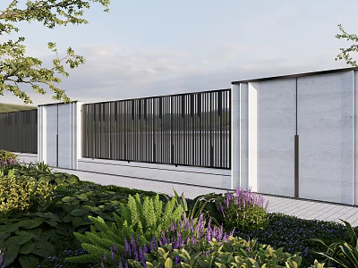 Modern Garden Feature Wall with White Panels Black Slatted Design and Green Plants Purple Flowers 3d model