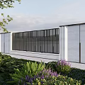 Modern Garden Feature Wall with White Panels Black Slatted Design and Green Plants Purple Flowers
