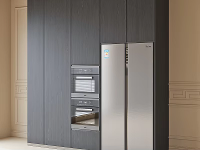 Modern Kitchen With Stainless Steel Refrigerator Freezer Dark Wood Cabinets And Built-in Oven 3d model