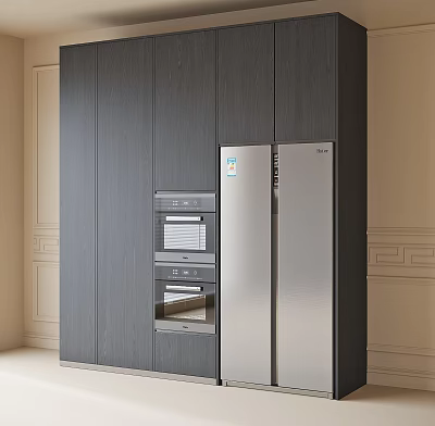 Modern Kitchen With Stainless Steel Refrigerator Freezer Dark Wood Cabinets And Built-in Oven 3d model