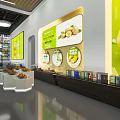 Modern Exhibition Hall Interior With Green Tree Shaped Decoration White Pendant Lights And Eco Counters