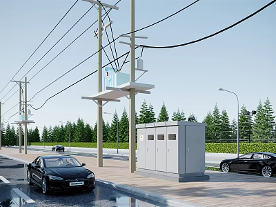 Road Facilities Including Utility Poles Power Lines Street Lamps And Electrical Cabinets With Trees 3d model