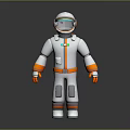 Game Movie Character In White And Orange Astronaut Suit With Transparent Visor And Chest Emblem