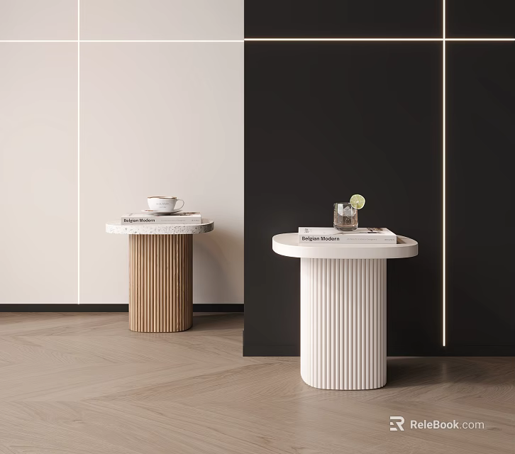Modern Fluted Base Side Tables With Round Top In White And Brown 3d model
