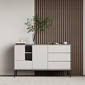 Modern White And Grey Entryway Console Cabinet With Drawers Green Plant On Wooden Striped Wall