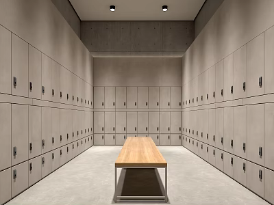 Spacious Gym Locker Room With Gray Lockers Long Wooden Table Light Floor And Ceiling Lights 3d model
