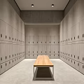Spacious Gym Locker Room With Gray Lockers Long Wooden Table Light Floor And Ceiling Lights