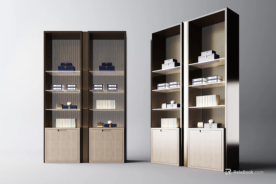 Modern Decorative Cabinets With Wooden Panels Metal Frames And Shelves Holding Books 3d model 