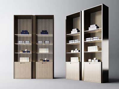 Modern Decorative Cabinets With Wooden Panels Metal Frames And Shelves Holding Books 3d model