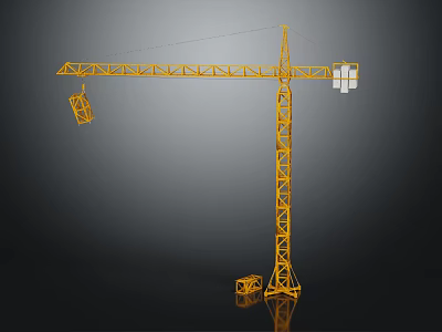Yellow Tower Crane With Boom Hook And Reflective Base On Dark Background 3d model