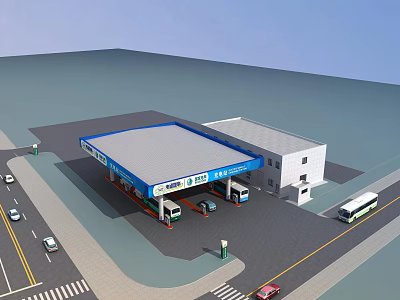 Gas Station With Blue Roof White Building Fuel Pumps And Vehicles Near Road 3d model