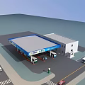 Gas Station With Blue Roof White Building Fuel Pumps And Vehicles Near Road