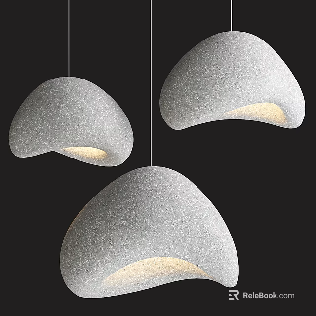 Three Textured Gray Hemispherical Pendant Lights With Warm Glowing Base Design 3d model