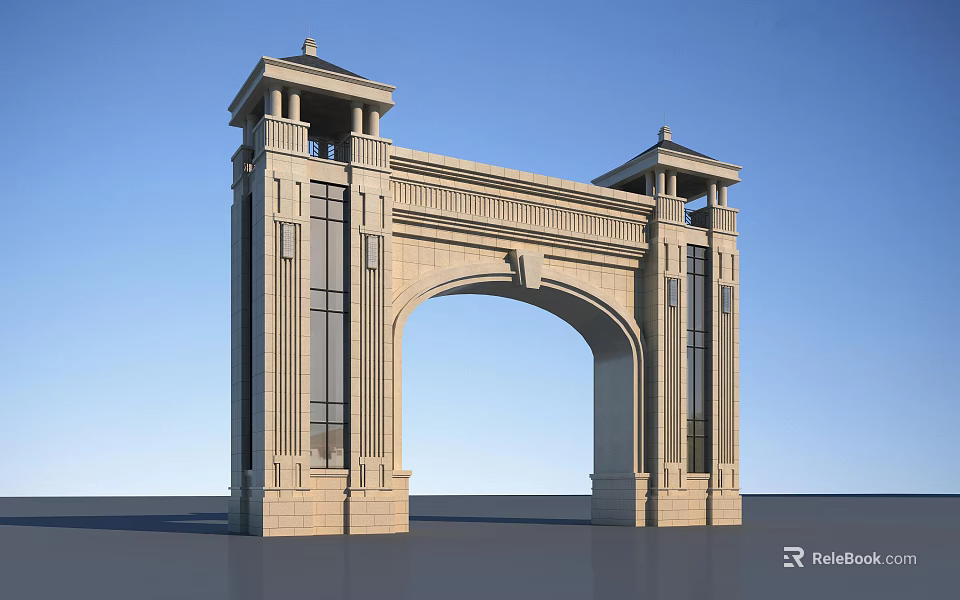 Classical Arched Entrance Gate With Stone Columns And Decorative Details On Both Sides 3d model 