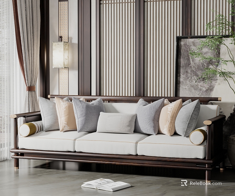 Three Seater Sofa In New Chinese Style With Wooden Frame And Neutral Cushions Living Room 3d model 