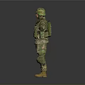 Military Soldier In Camouflage Uniform With Helmet Knee Pads Arms Outstretched Against Gray Background