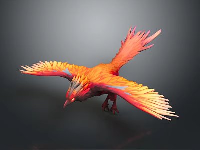 Mythical Phoenix Flying with Vibrant Red Orange Feathers Against Dark Background 3d model