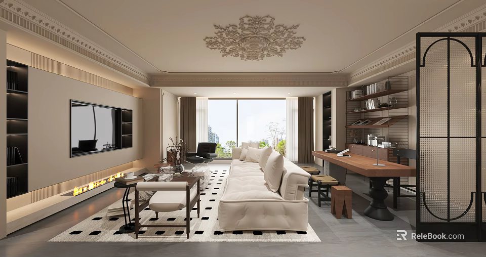 Elegant Modern Living And Dining Room Interior With Luxurious Sofa And Crystal Chandelier 3d model 