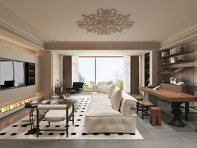Elegant Modern Living And Dining Room Interior With Luxurious Sofa And Crystal Chandelier 3d model
