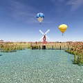 Scenic Park Landscape With Clear Water Swans Wooden Pier Hot Air Balloons Reeds And Pavilion