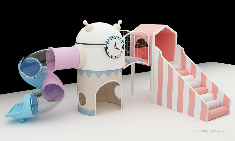 White Blue Pink Playground Equipment With Cylindrical Tower Clock Transparent Tube Slides And Striped Slide 3d model 