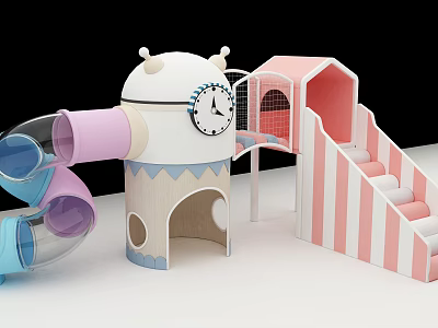 White Blue Pink Playground Equipment With Cylindrical Tower Clock Transparent Tube Slides And Striped Slide 3d model