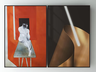 Modern Abstract Wall Art With Red Background White Sculpture And Black Gold Curves 3d model