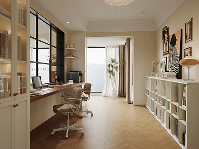 Bright Study Room Interior With Large Windows Wooden Desk Office Chair And White Bookshelves 3d model