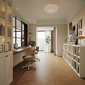 Bright Study Room Interior With Large Windows Wooden Desk Office Chair And White Bookshelves