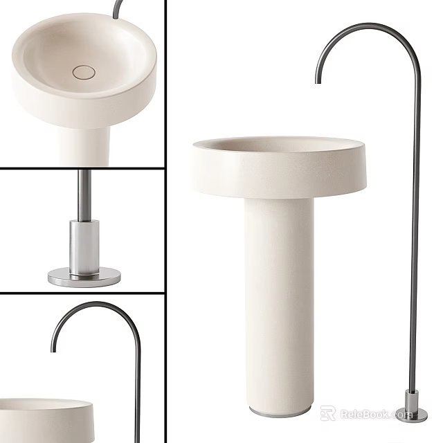 White Pedestal Washbasin With Modern Sleek Design And Chrome Bathroom Faucet 3d model 