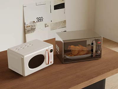Home Kitchen Appliances Microwave And Oven On Wooden Countertop With Cooked Fries 3d model