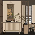 Traditional Chinese Console Table With Scroll Painting Bamboo Plant Wooden Partition And Natural Light