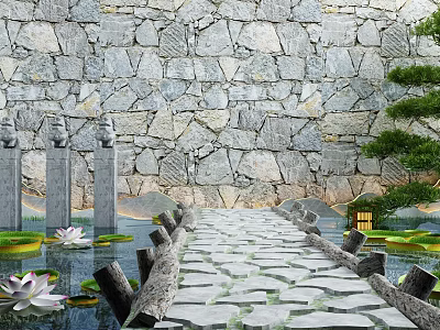 Serene Garden Scene With Stone Wall Pathway Water Lilies And Wooden Logs 3d model