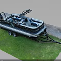 Modern Pontoon Boat With Blue Seats And Trailer Parked On Green Grass