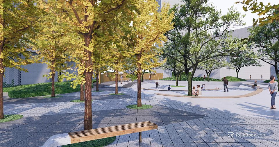 Scenic Park Landscape With Yellow Leaf Trees Gray Paved Ground Wooden Benches People Walking Sitting 3d model 