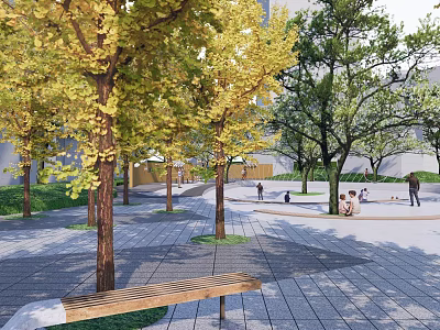 Scenic Park Landscape With Yellow Leaf Trees Gray Paved Ground Wooden Benches People Walking Sitting 3d model