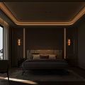 Elegant Modern Bedroom Interior With Upholstered Bed Wall Sconces And Large Windows