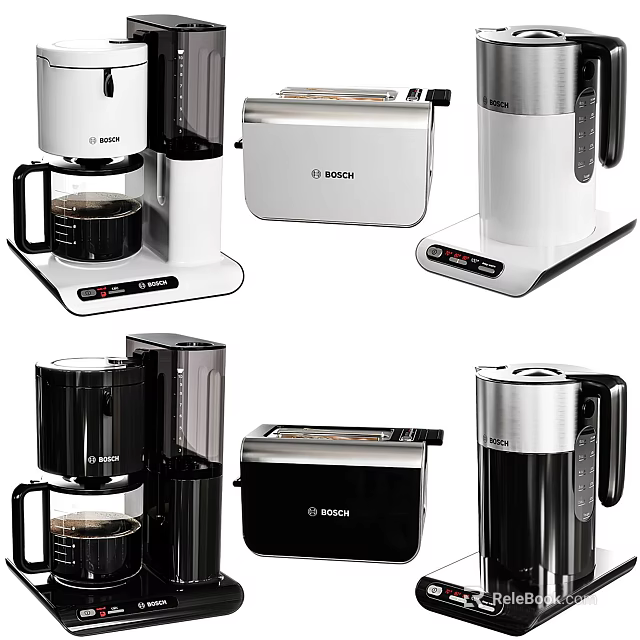 Modern BOSCH White And Black Kitchen Appliances With Coffee Maker Toaster And Kettle 3d model 